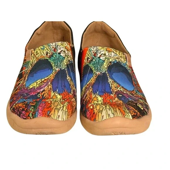 UIN Toledo I Colorful Skull Canvas Art Slip Ons Women 9 EU 40.5 Travel Shoes - Picture 4 of 11